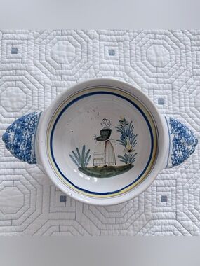 Henriot Quimper Hand-Painted Ceramic Serving Bowl with Blue Handles